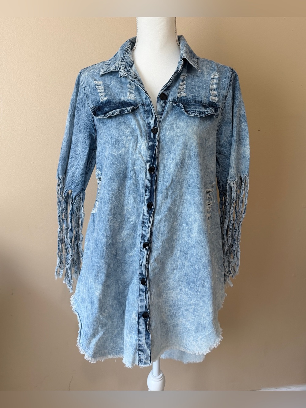 Thrill Jeans Women's Distressed Fringe Denim Shirt Dress / Tunic - Size L